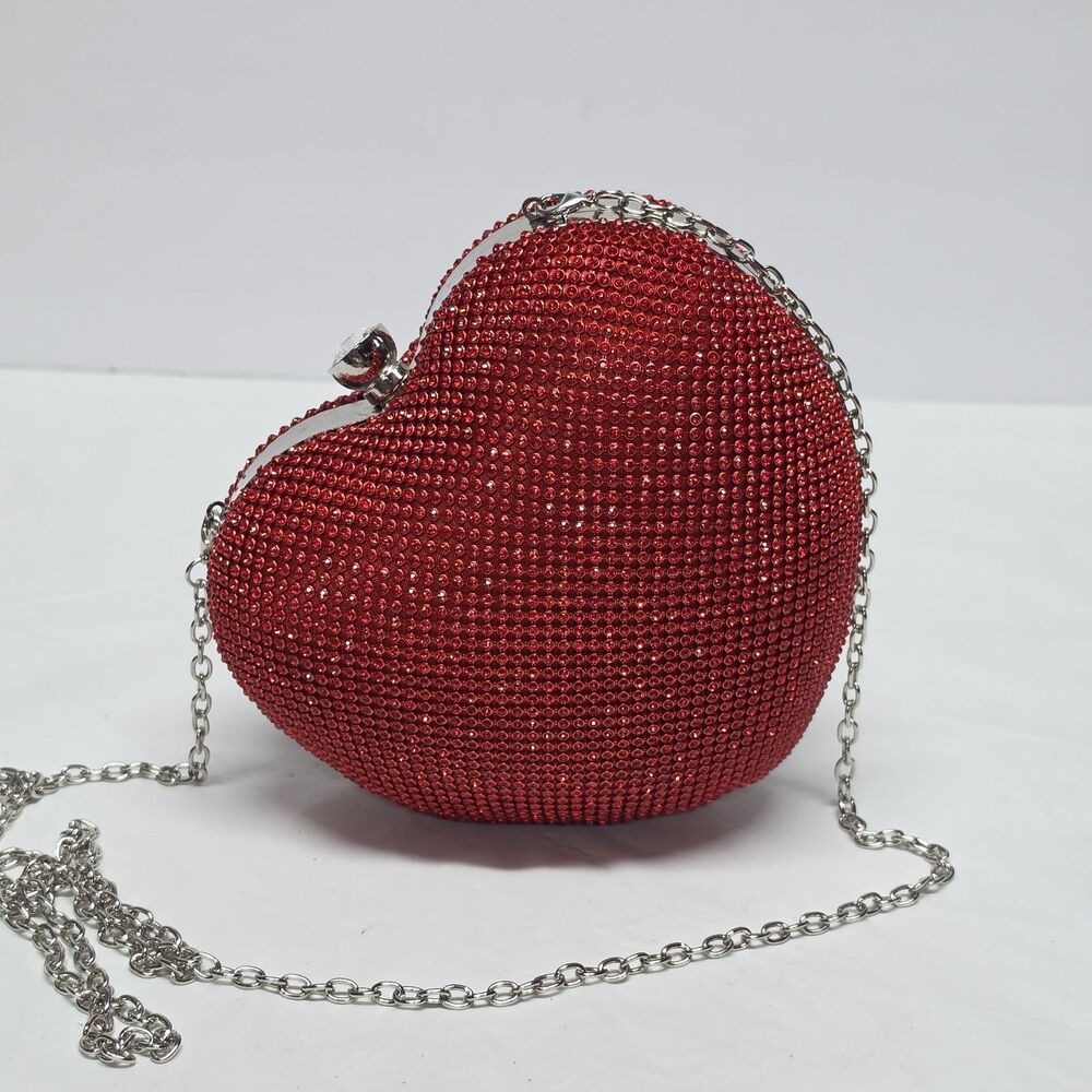 RED LOVE HEART SHAPED EVENING RHINESTONES CLUTCH SHOULDER BAG PURSE ROMANTIC